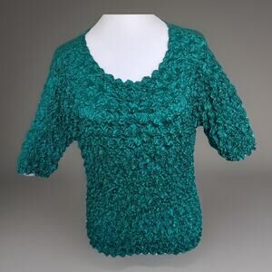 Vtg F C Green Crinkle Pleated Stretch Top 3/4 Sleeve One Size Fits Boho Chic